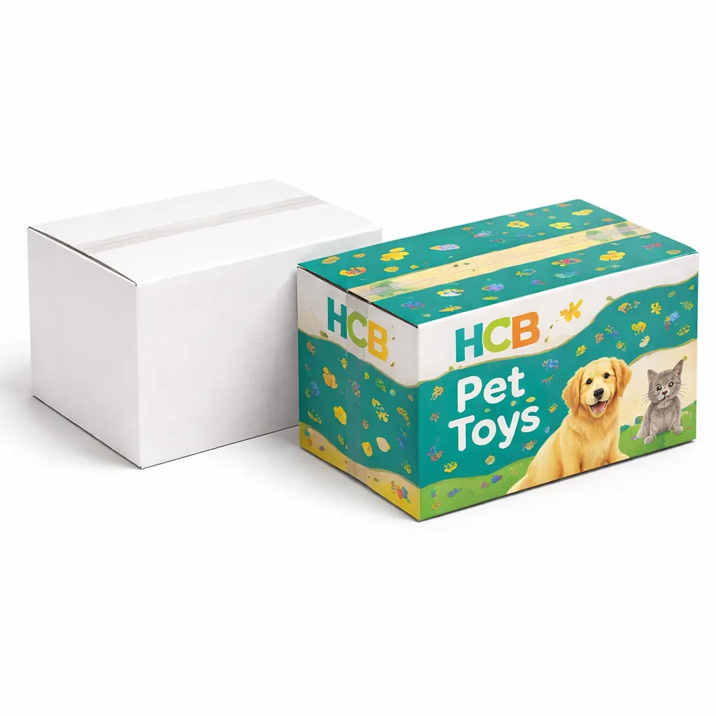 Two square cardboard shipping cartons, one plain white and one featuring a sitting dog graphic and branding. class=